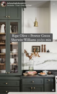 a kitchen with green cabinets and marble counter tops, along with the words ripe olive power green shelving williams $ 0 / 50 mix