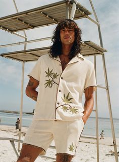 'Cabannabis' Cabana Shirt (Terry-Cloth) – Tombolo Company Beach Vacation Outfit Men, Men Co Ords Outfits, Tropical Fashion Men, Hawaii Aesthetic Outfits Men, Resort Fashion Men, Tropical Wedding Outfit Men, Tropical Party Outfit Man, Embroidery Mens Shirt, Mens Tropical Outfits