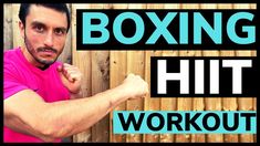 a man in pink shirt standing next to a wooden fence with the words boxing hit workout