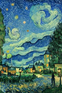 the starry night painting is shown with people walking in front of boats and trees