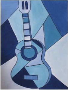 an abstract painting of a guitar on a blue and white background