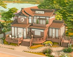 an artist's rendering of a japanese style house