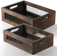 two wooden baskets with wire in them