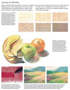 an article about painting with colored pencils and crayon pens, including apples, bananas, and oranges