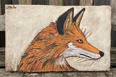 a painting of a fox on a wooden bench