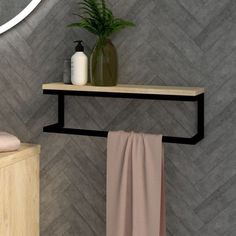 a bathroom with a shelf, mirror and towel rack