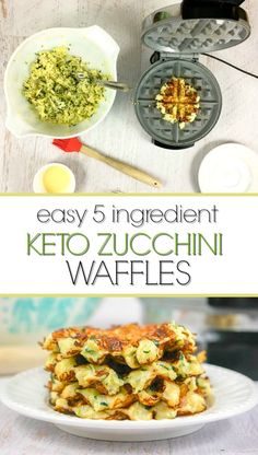 the recipe for keto zucchini waffles is shown on a white plate