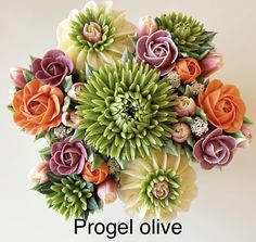 an arrangement of flowers with the words progel olive above it in front of a white background