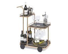 two tiered serving cart with wine glasses and bottles on wheels, one holding champagne