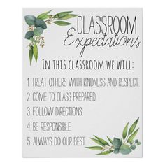 classroom expectations poster with green leaves on it