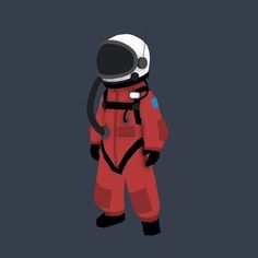 an astronaut in red space suit standing with his hands on his hips