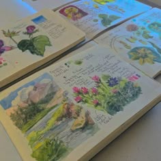 four notebooks with watercolor drawings on them sitting on top of a table next to each other