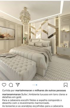 a bed room with a neatly made bed and a chandelier hanging from the ceiling