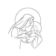 the virgin mary holding a baby jesus in her arms, outlineed on a white background