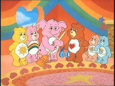 there are many cartoon bears standing together in front of a circus tent with heart shaped balloons