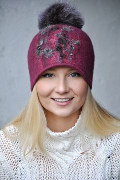 Felted Hat with fur pompom. Fuchsia color with natural fur pompom. 100% Handmade 100% merino wool The hat is felted from finest wool,  it is wonderfully soft and will keep you warm on the cool days to come. All the designs are one of the kind and completely handmade, using only wool, hot water and soap. Size: 56-57 cm / 21,5 - 22,5 inches Shipping from: Europe, Estonia. Will be shipped within 1-2 days after payment. Hat will be shipped in a box, thus it will remain shape. All items are from smoke free home. I hope you will enjoy browsing! Thank you for visiting! Also check out my other Items www.ShellenD.etsy.com Felted Hat, How To Make Decorations, Hand Knit Hat, Millinery Hats, Handmade Scarves, Colorful Scarf, Felted Scarves, Bff Gifts, Fuchsia Color