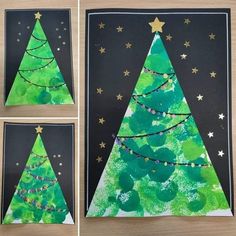 three pictures of christmas trees made out of paper