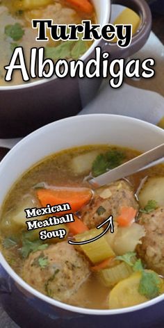 two bowls of turkey and vegetable soup with the words turkey albondigas above it