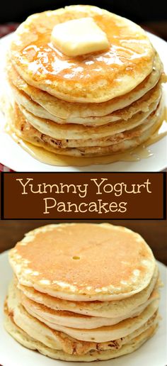 stack of pancakes with butter on top and the words yummy yogurt pancakes below