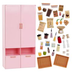 a pink cabinet with lots of items on it