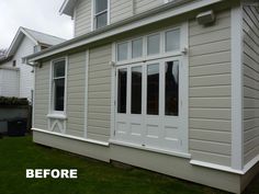 before and after shots of a house's front porch with siding on the side