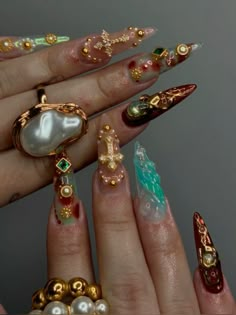 Curve Stiletto Nails, Junk Stiletto Nails, Greek Mythology Nails, Medium Stiletto Nails, Maximalist Nails, 2025 Nails, Medium Stiletto, Spa Wellness, Nail Sets