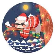 a cartoon animal wearing a santa hat and scarf is sleeping on a tree branch in the snow