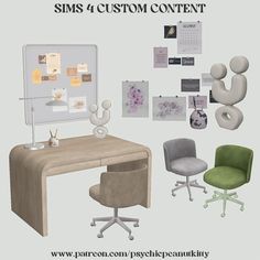 an image of a desk with chairs and papers on the wall next to it that says sims 4 custom content