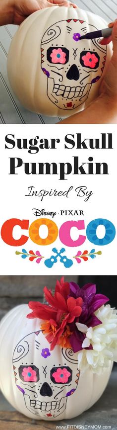 sugar skull pumpkin decorated by disney pixar for coco's day of the dead