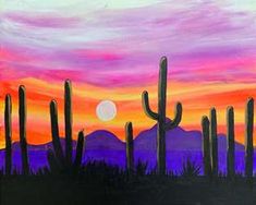 a painting of a desert scene with cacti and mountains in the background at sunset