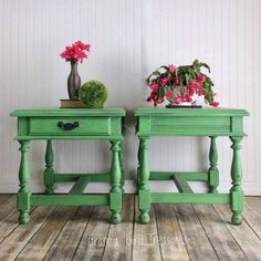 two green end tables with flowers on top and one has a potted plant next to it