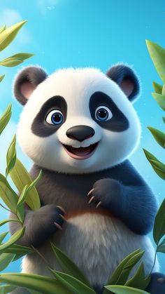 a panda bear sitting on top of a lush green tree next to bamboo leaves and looking up at the sky