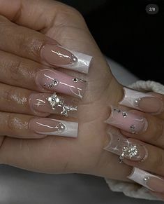 White French With Gems Nails, White French Tip With Gems, Nude Nail Extensions, French Tip With Gems, Acrylic Nails With Gems, French Tips With Gems, White French Tip Acrylic Nails, White French Tip Acrylic, Nails With Gems