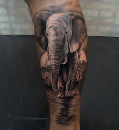 an elephant tattoo on the leg of a man