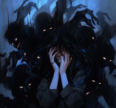 a woman covers her face with her hands as she stands in front of black demonic creatures