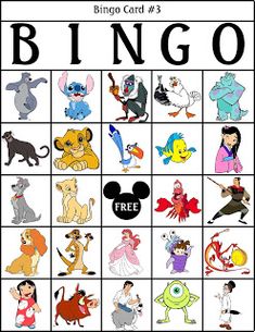 the disney character bingo game is shown in black and white, with cartoon characters on it