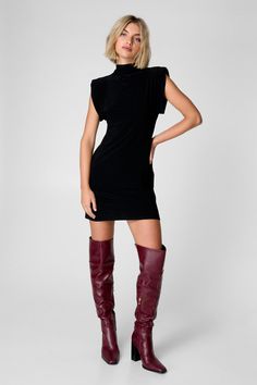 Slinky Shoulder Pad Mini Dress Red Heeled Boots, Red Heel Boots, Velvet Dress Maxi, Mob Wife Aesthetic, Wife Aesthetic, Black Tie Party, Winter Outfits Aesthetic, Mob Wife, Short Playsuit