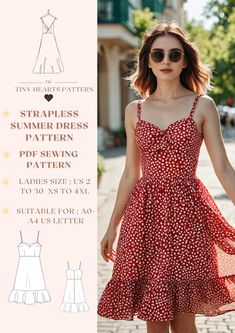 a woman in a red dress with white polka dots on it and the words, strapless summer dress pattern for sewing patterns