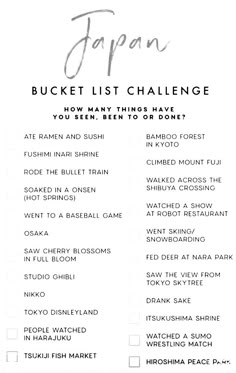 the japan bucket list is shown in black and white