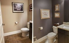 two pictures of a bathroom with toilet, sink and mirror