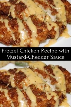 two pictures of meat covered in gravy on a white plate with the words, pretzel chicken recipe with mustard - cheddar sauce