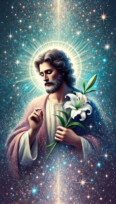 jesus holding a flower in his hand and surrounded by stars on the night sky background