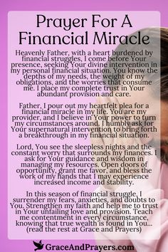 a woman's face with the words prayer for a financial miracle in front of her