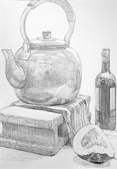 a drawing of a teapot and wine bottle on a table next to a piece of bread