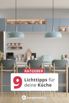 an image of a kitchen with blue cabinets and white counter tops that has the words ratgeber on it