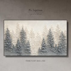 a painting with snow covered trees in the background and text that reads pii espresso