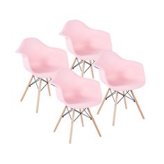 four pink plastic chairs with wooden legs