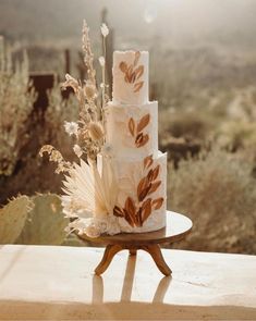 a three tiered cake sitting on top of a wooden table next to a cactus