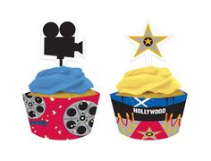 two cupcakes with mickey mouse toppers and a star on the top one