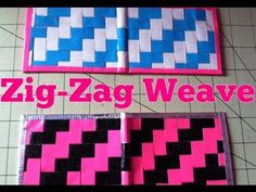 two pieces of pink and blue fabric with the words zig zag weave on it